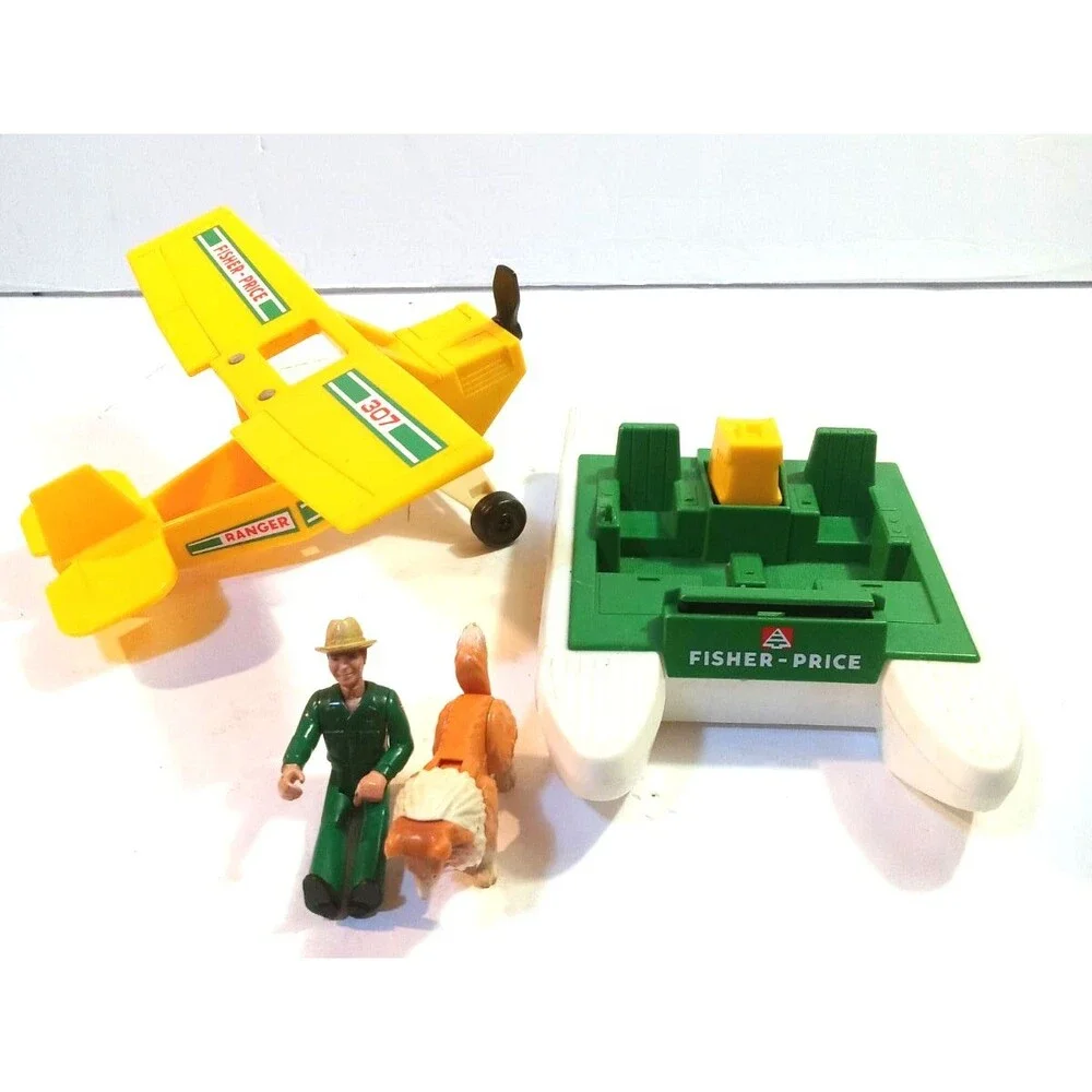 Vintage Fisher Price Adventure People Yellow Patrol Ranger PLANE 307 &Boat 1976